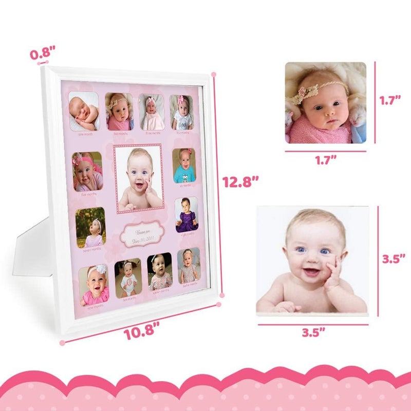 COMFECTO Collage Photo Frame for Baby First Year Keepsake, Multi Picture Frames for Baby Newborn 1st Birthday GiftMemory Home Decor size 11 x 13 x 1 inch with 13 Slots in Pink White Prime Wood - Image 2